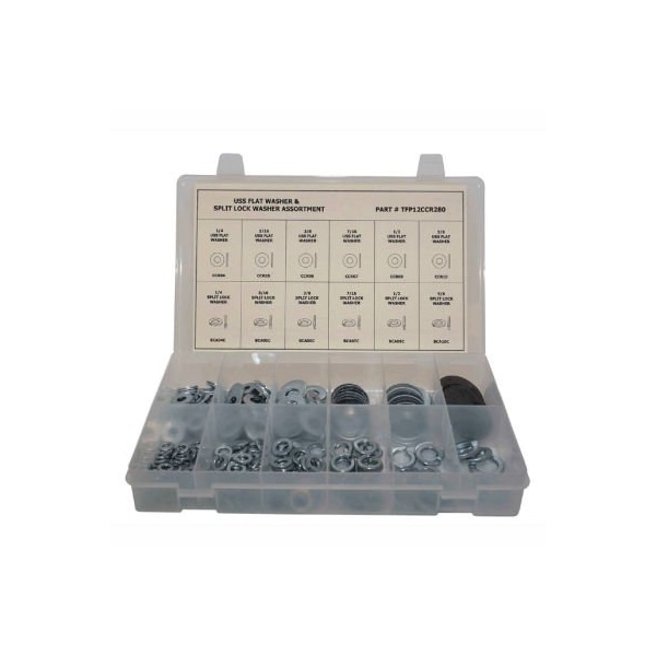 Flat & Split Lock Washer Washer Assortment, Steel, Zinc Plated Finish, 280 PCS